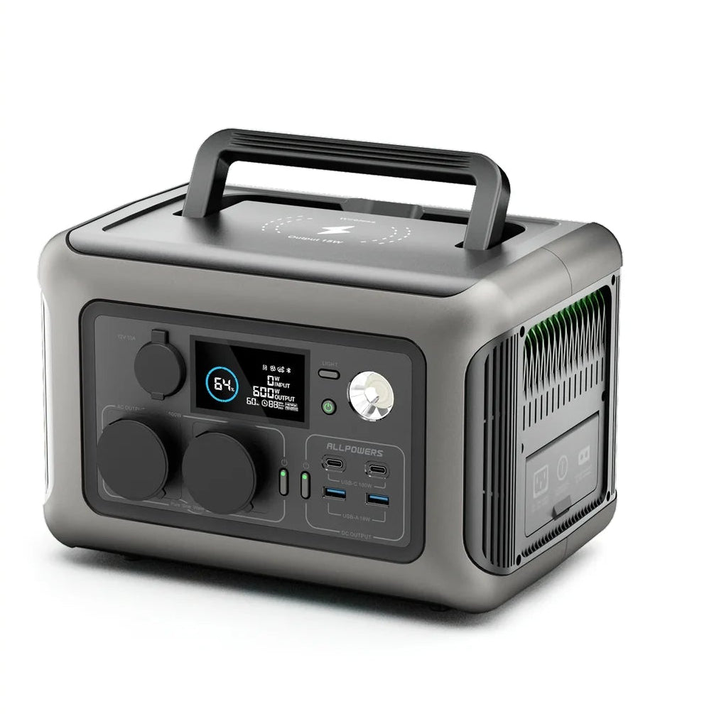 Portable power station with digital display, multiple charging ports, and a carry handle