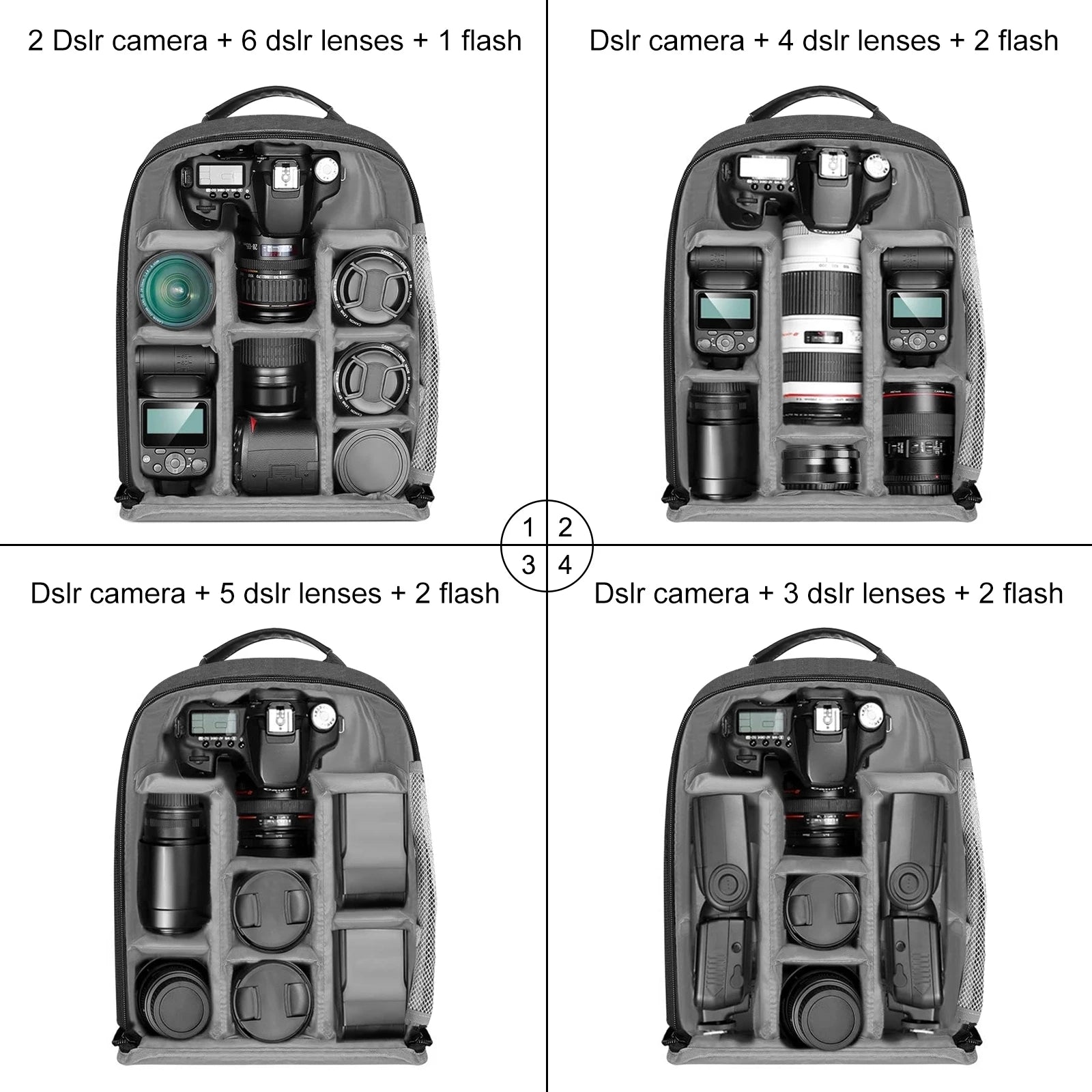 Camera backpack with customizable compartments holding DSLR cameras, lenses, and flashes