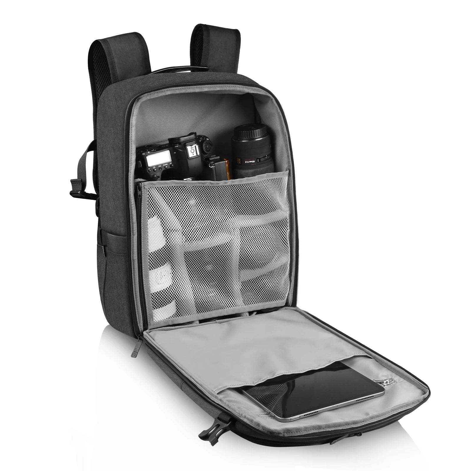 Gray camera backpack with organized compartments for camera, lens, and tablet, open view