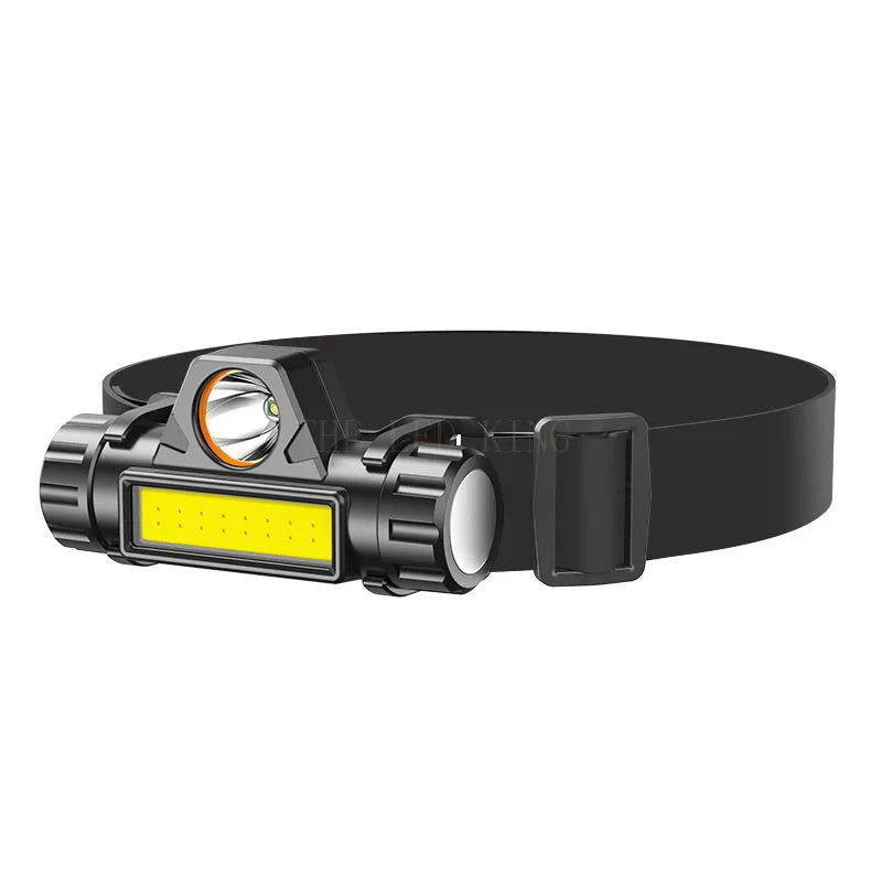 LED rechargeable headlamp with adjustable black strap for outdoor use