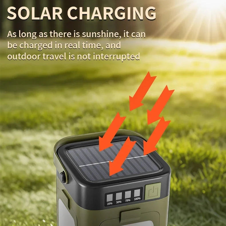 Portable solar charging power bank on grass, sunlight and arrows showing solar energy absorption