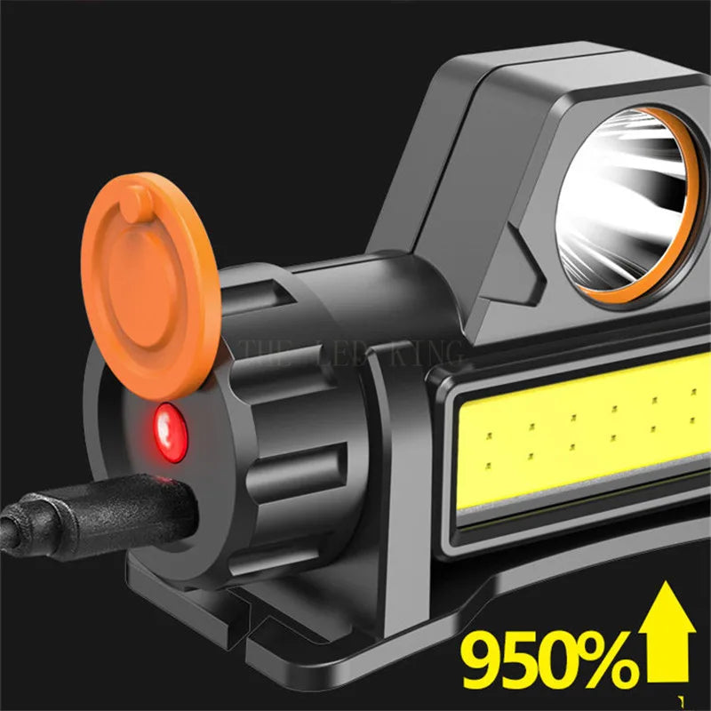 Close-up of a rechargeable LED work light with USB charging port and 950% brightness indicator.