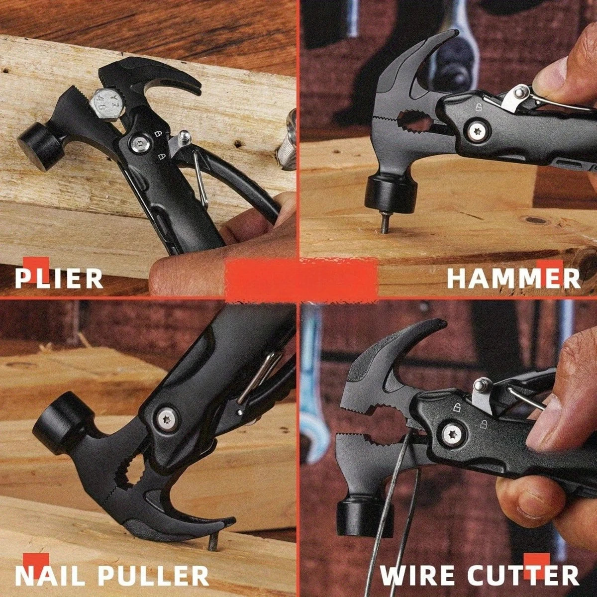 Multitool hammer with plier, nail puller, wire cutter functions in action