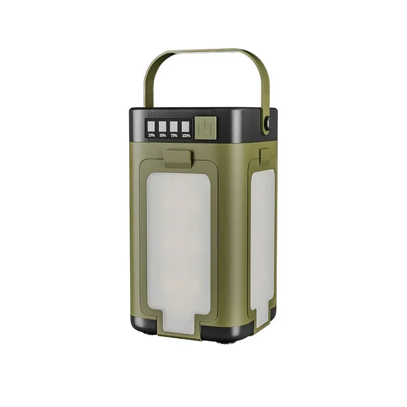 Olive green portable camping lantern with battery indicator and carrying handle