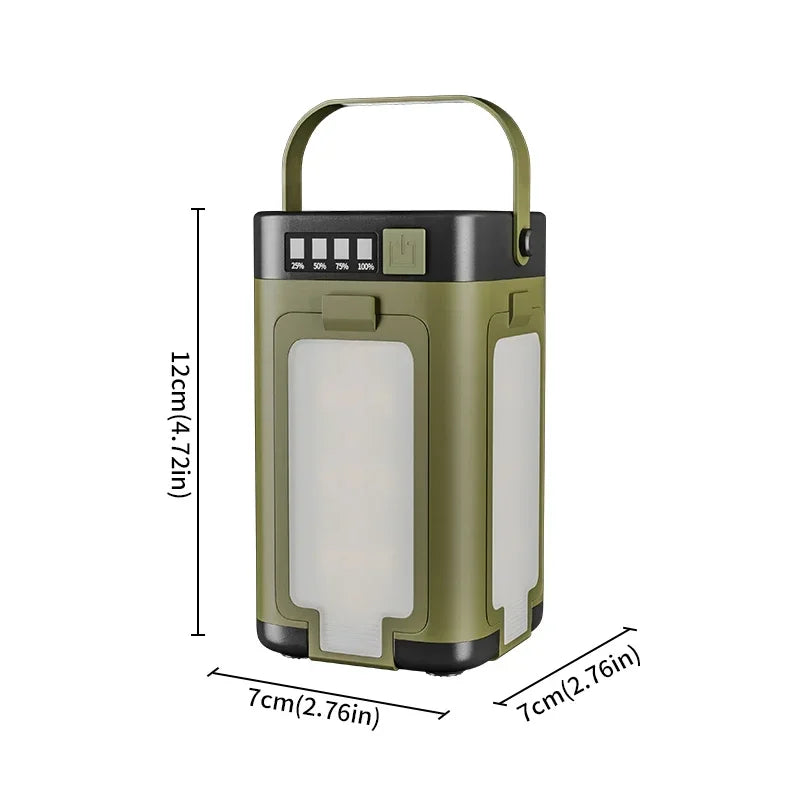Portable olive green LED camping lantern with handle and battery indicator, 12x7x7cm