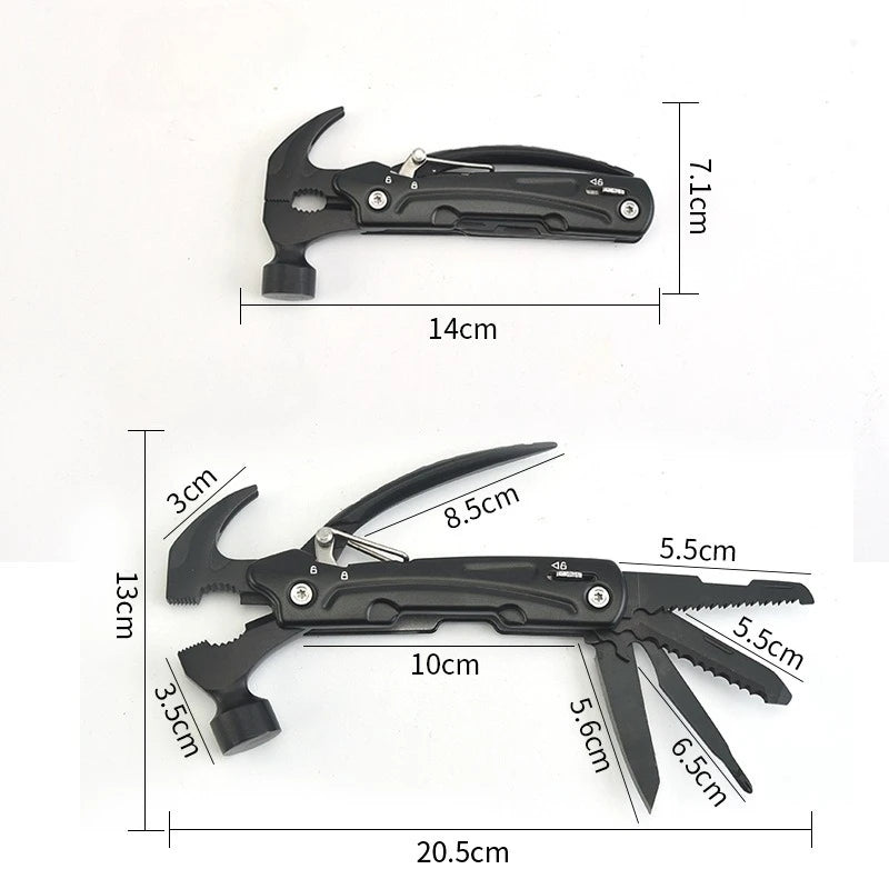 Black multifunctional hammer multitool with measurements, featuring pliers, saw, and knife blades