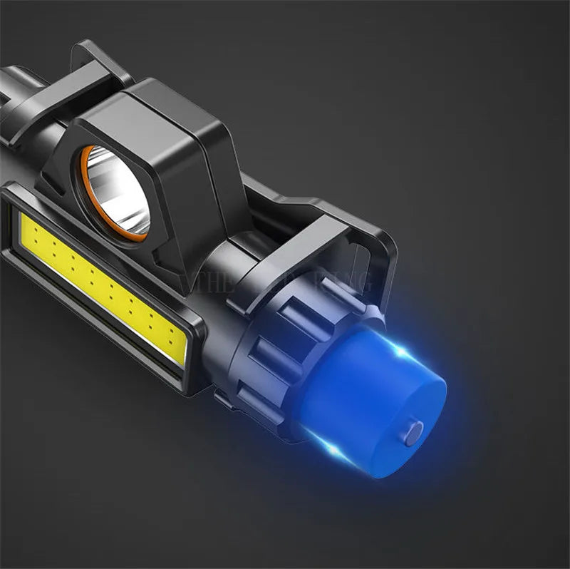 Close-up of a multi-functional LED tactical flashlight with blue emergency light on black background.