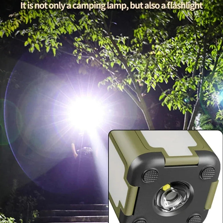 Bright outdoor camping lamp and flashlight in use at night with close-up of lamp design