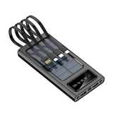 Portable solar power bank with digital display and built-in charging cables on white background