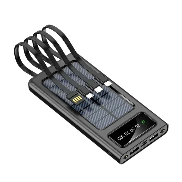 Portable solar power bank with digital display and built-in charging cables on white background