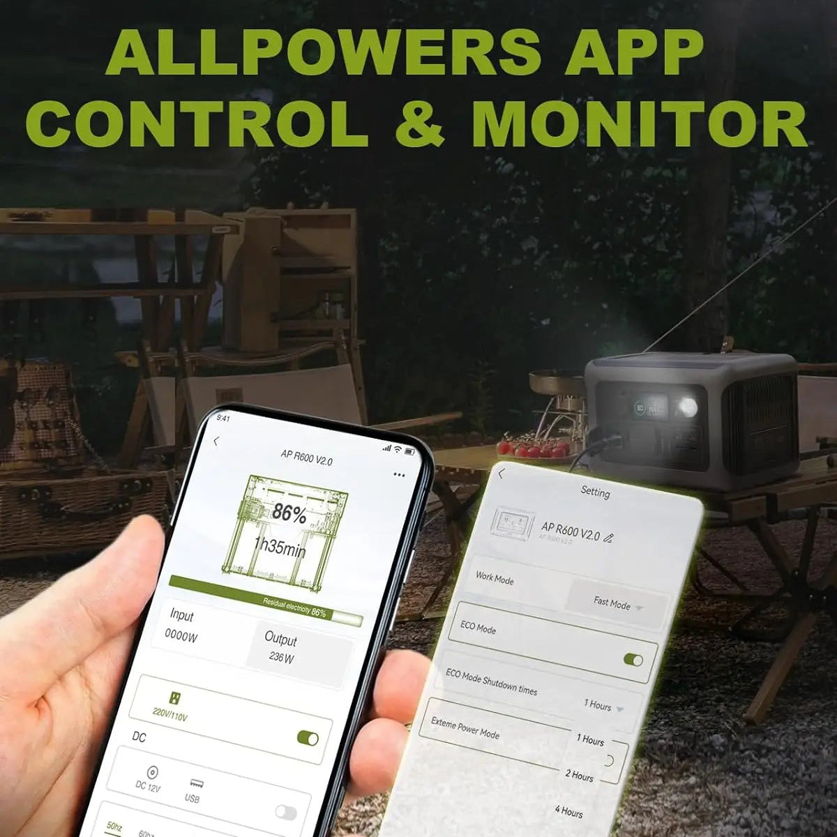 Hand holding smartphone controlling portable power station via app at outdoor campsite