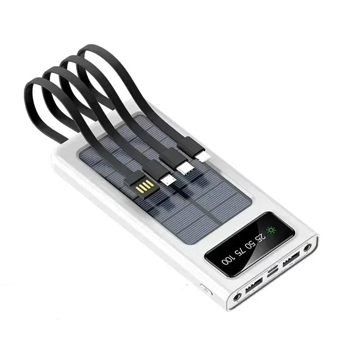 Portable solar power bank with digital display and built-in charging cables