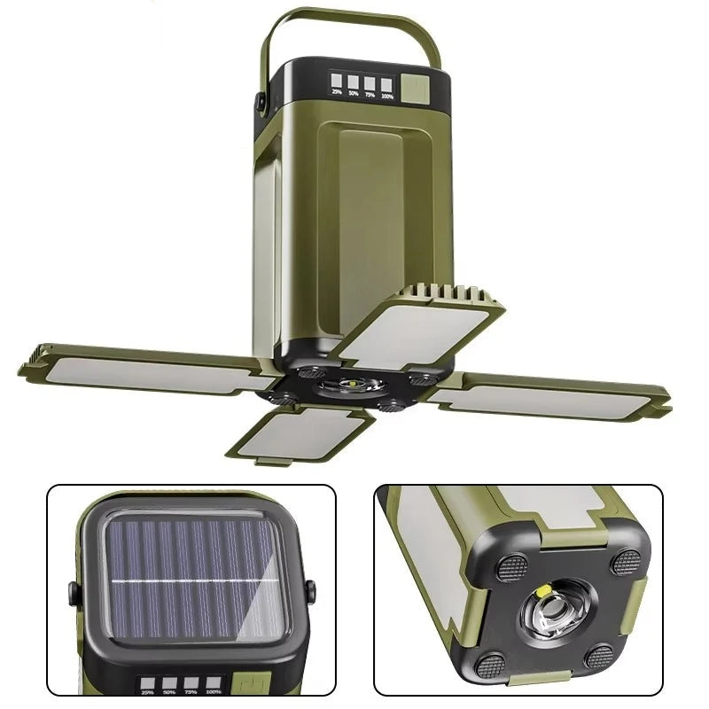 Portable solar-powered LED camping lantern with foldable panels, olive green, close-up views