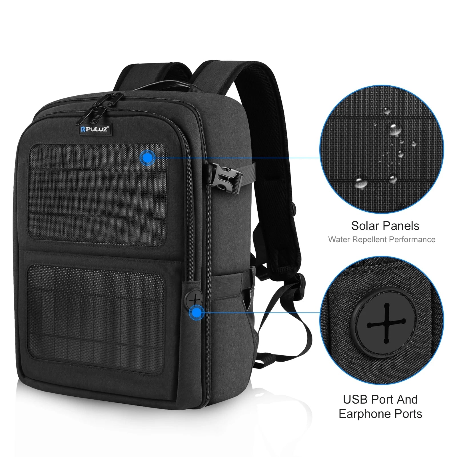 Black solar-powered backpack with water repellent panels, USB and earphone ports.