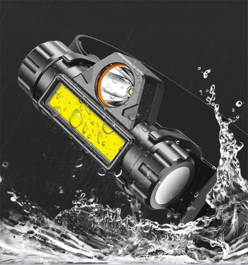 Waterproof LED headlamp for outdoor adventures, splashed with water in dark setting