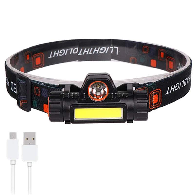 LED rechargeable headlamp with adjustable strap and USB charging cable for outdoor adventures
