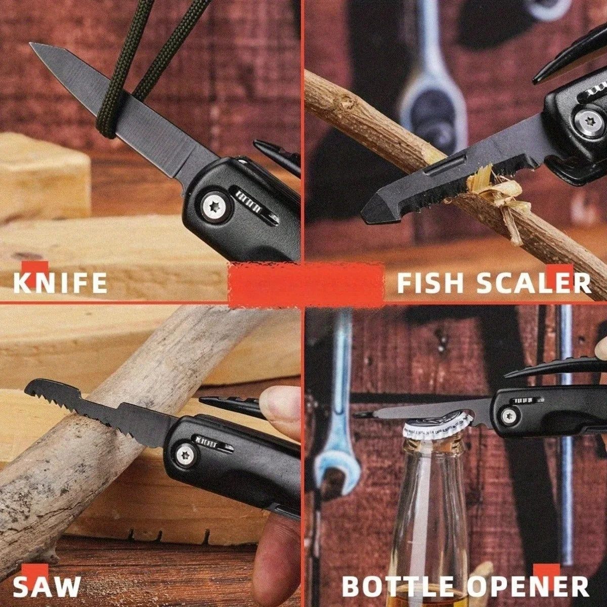 Multi tool pocket knife with saw, fish scaler, and bottle opener in use
