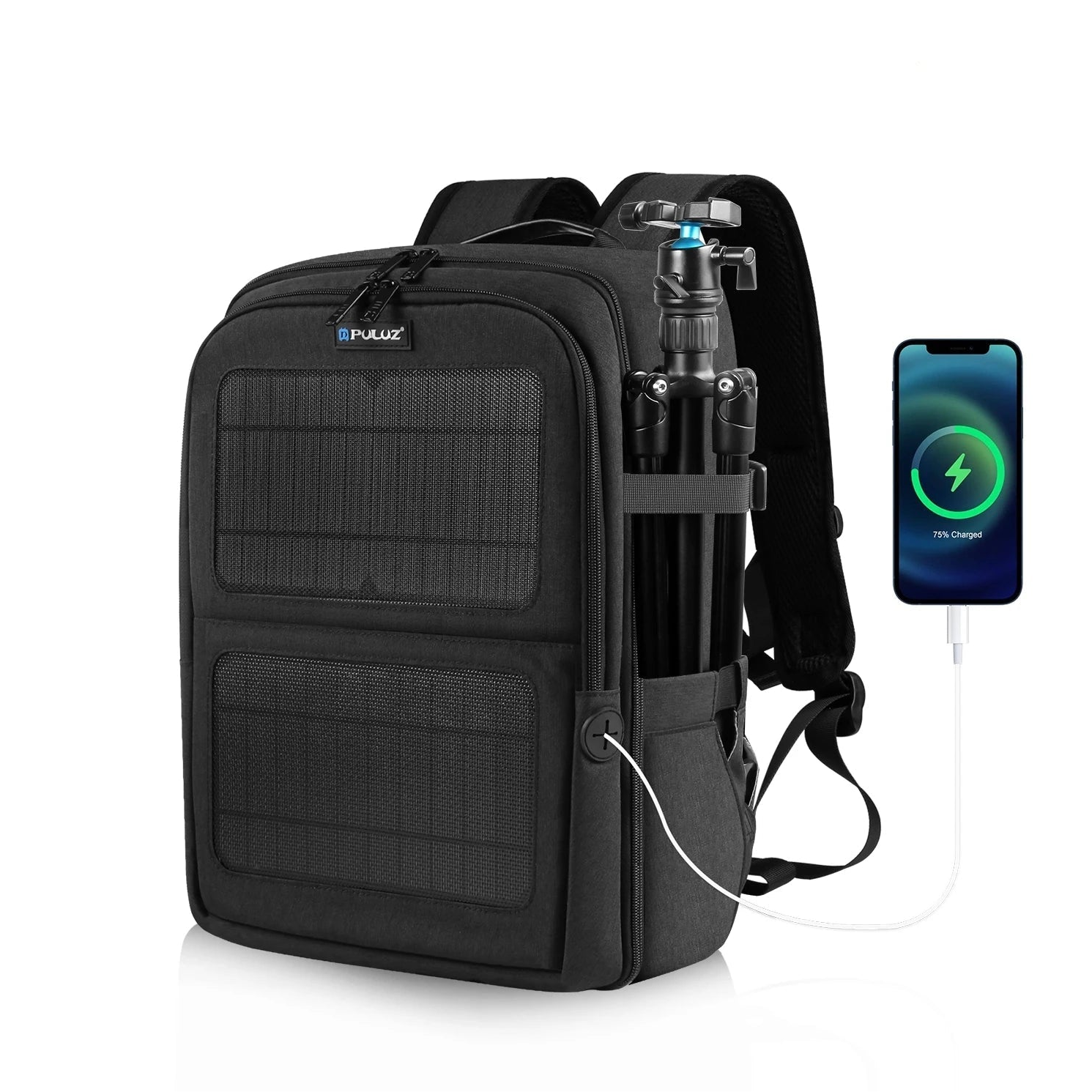 Black solar backpack with tripod holder and USB charging phone for outdoor adventures