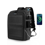 Black solar backpack with tripod holder and USB charging phone for outdoor adventures
