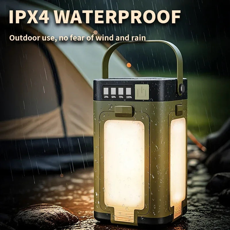 IPX4 waterproof outdoor camping lantern with handle in rain beside a tent