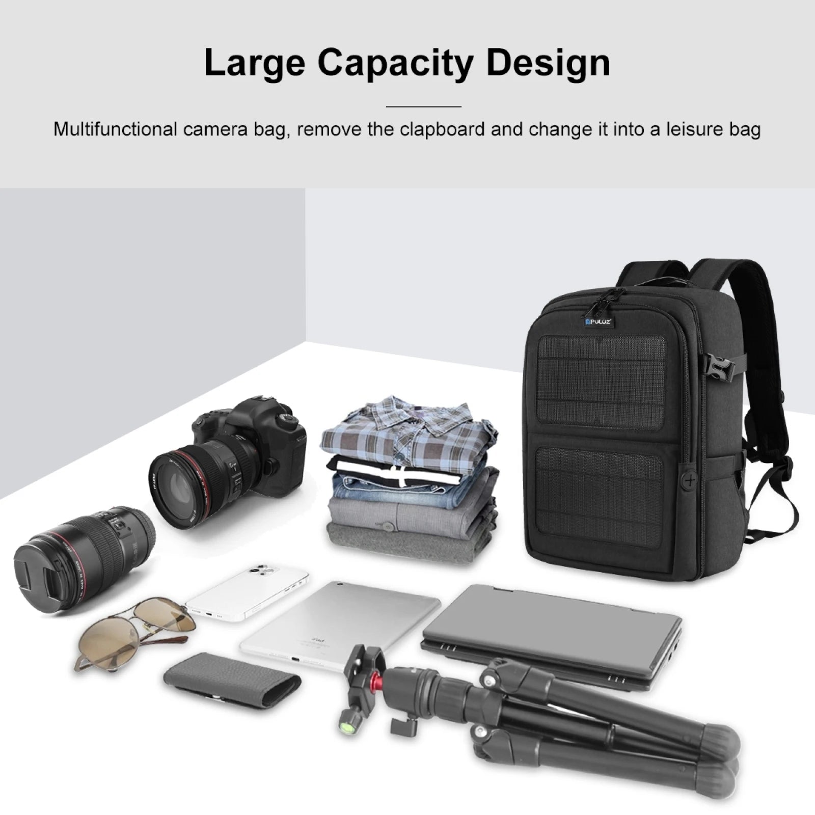 Multifunctional camera backpack with camera, lenses, clothes, tripod, laptop, and travel gear.