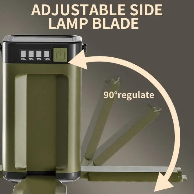 Olive green portable lamp with adjustable side light blade, showing 90-degree rotation and power levels.