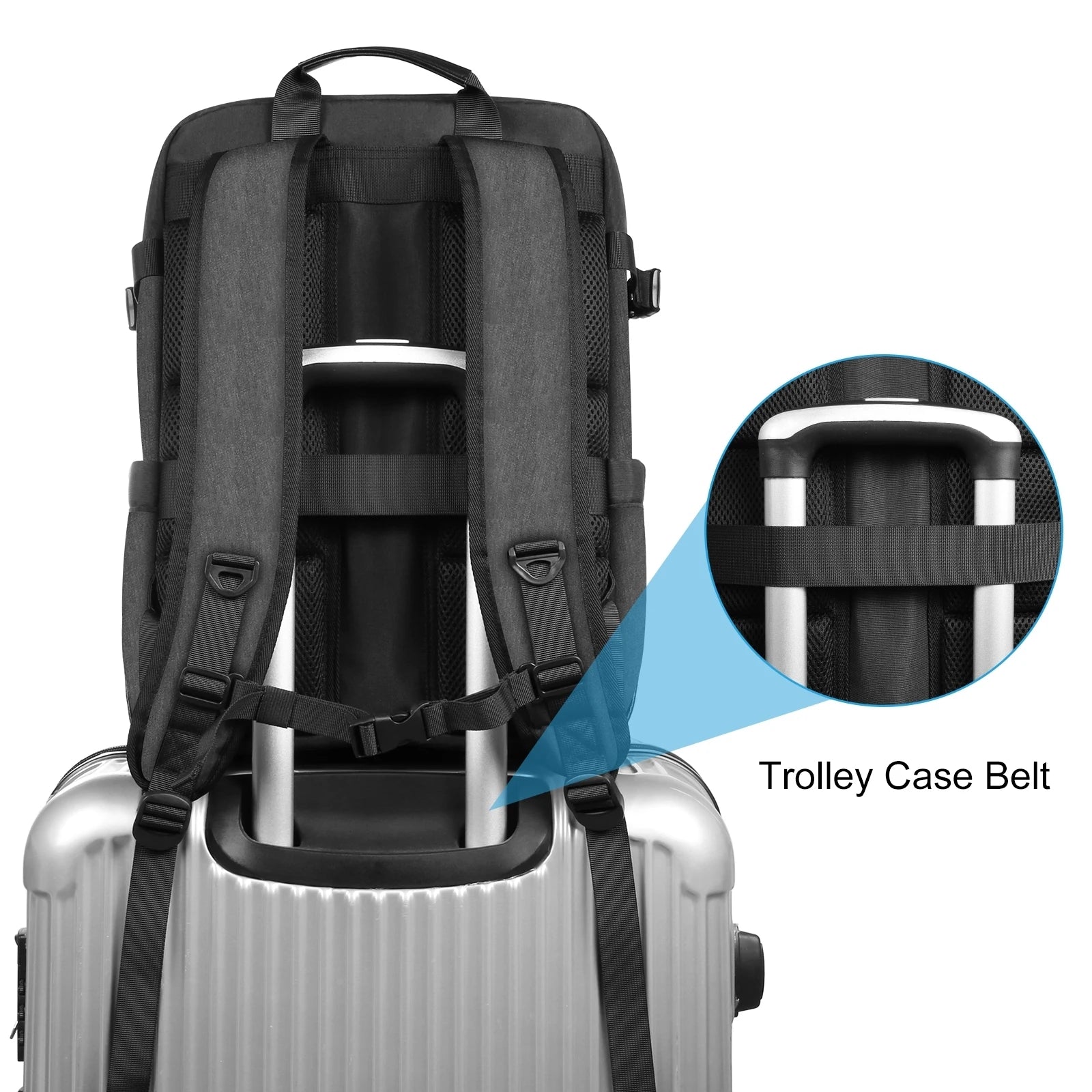 Backpack with trolley case belt secured to silver luggage handle, closeup inset detail.