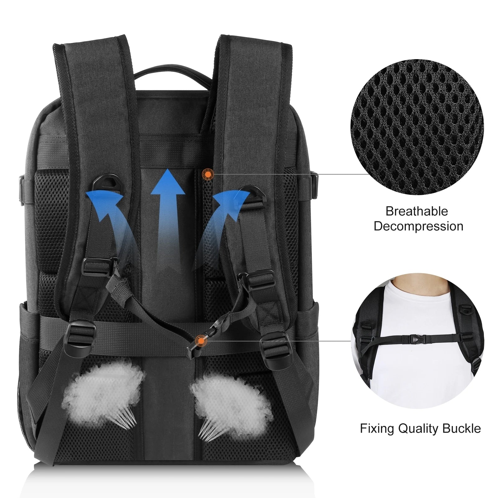 Black backpack with padded, breathable straps and adjustable chest buckle for comfort.