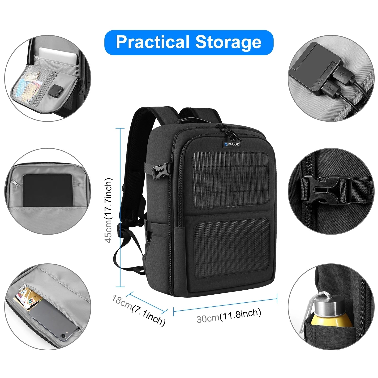 Black tactical backpack with multiple compartments, USB port, water bottle pocket, and durable buckle