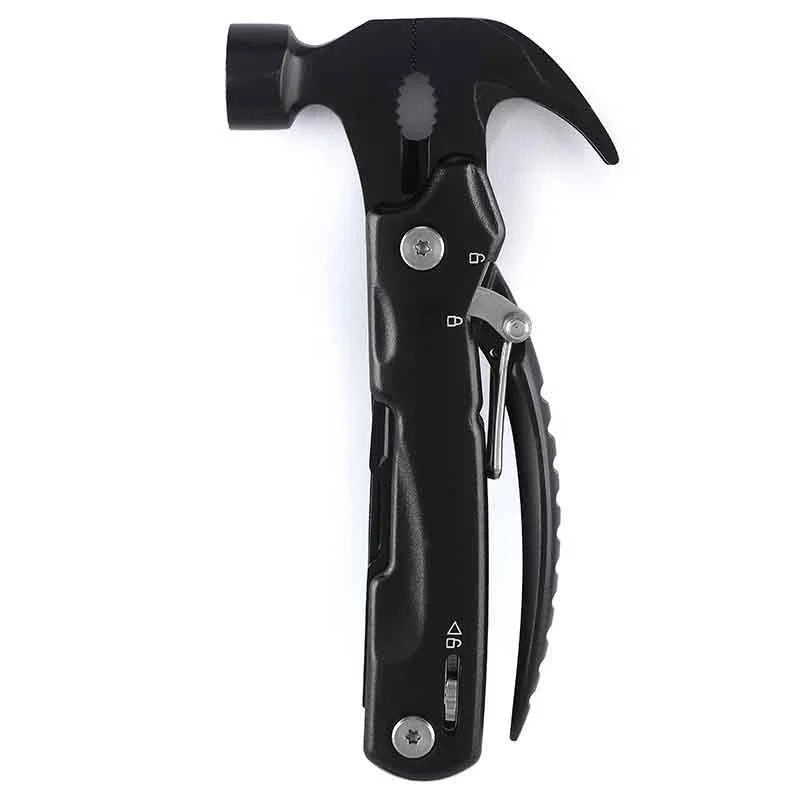 Black multitool hammer with pliers and ergonomic handle on white background