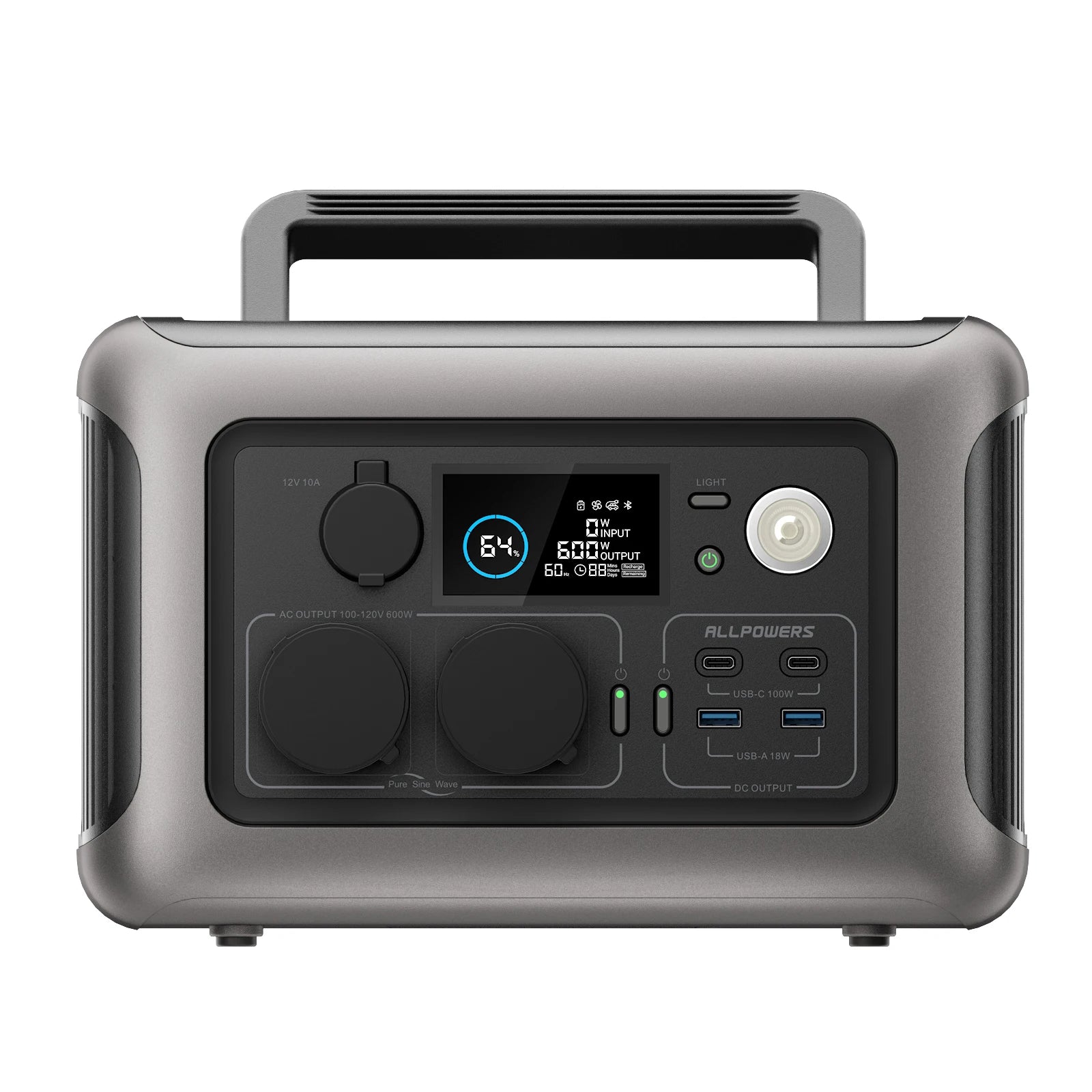 Portable power station with digital display, multiple USB and AC outlets, and handle