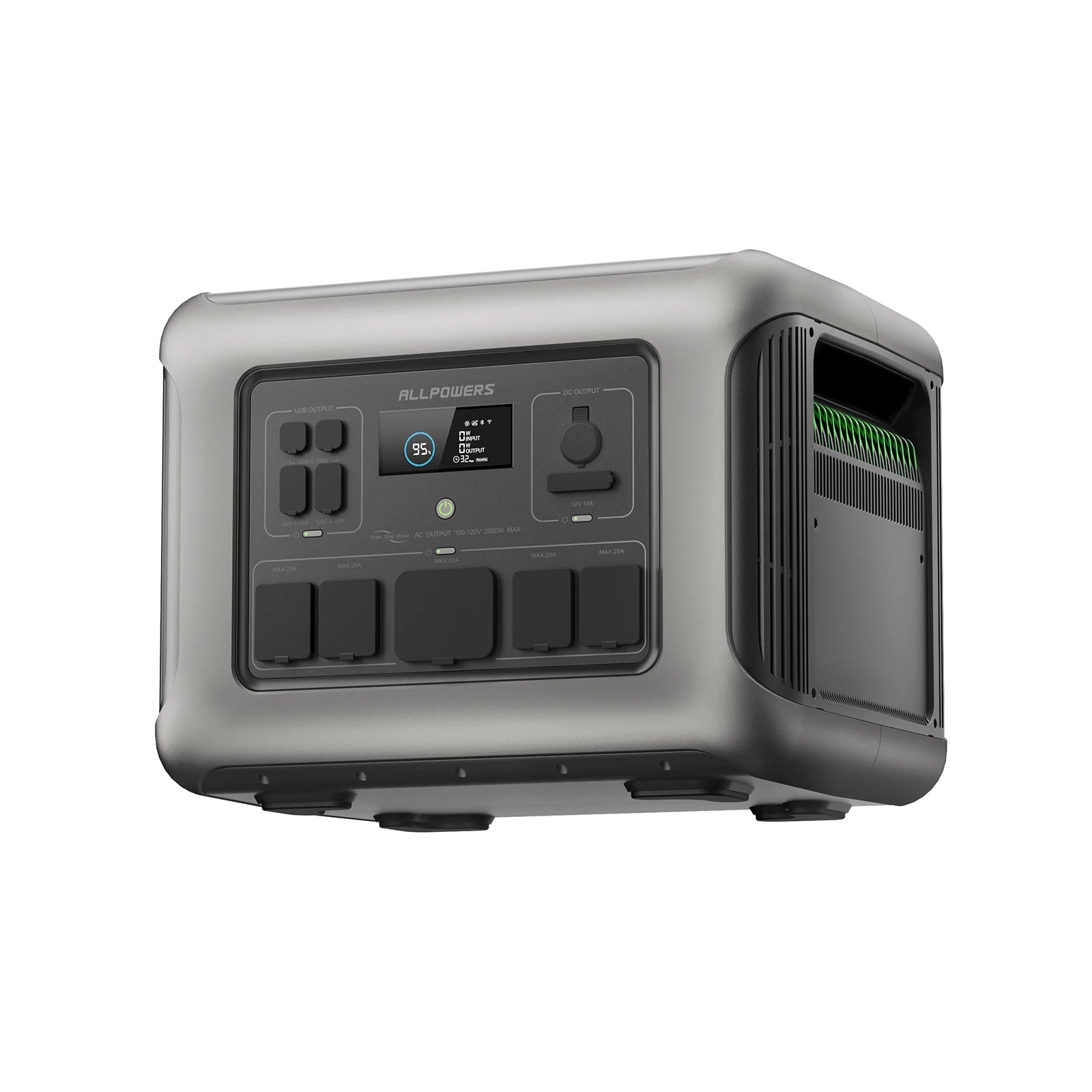 Portable power station with digital display, multiple outlets, and USB ports for outdoor use